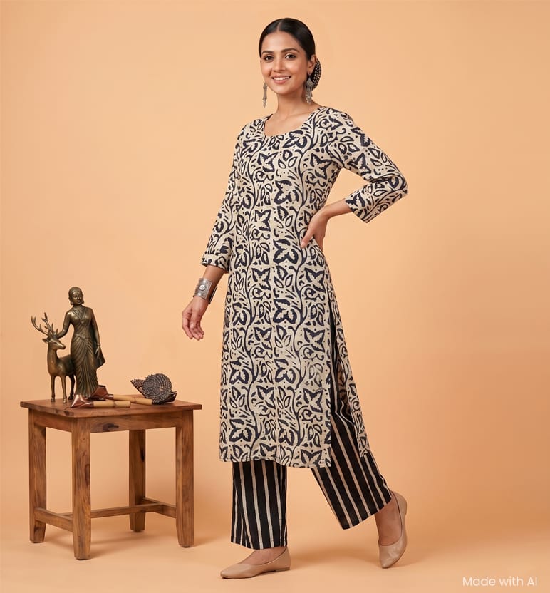 Handcrafted Batik Printed Cotton Kurta Palazzo Set 