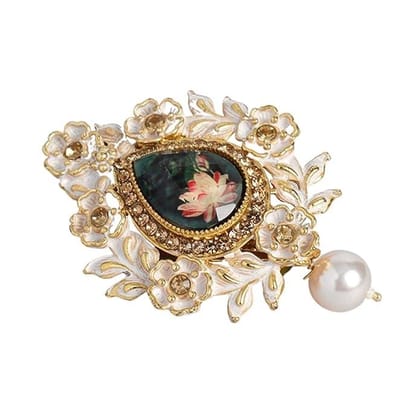 Gold-Toned & Green Handcrafted Enamelled Stone-Studded Brooc