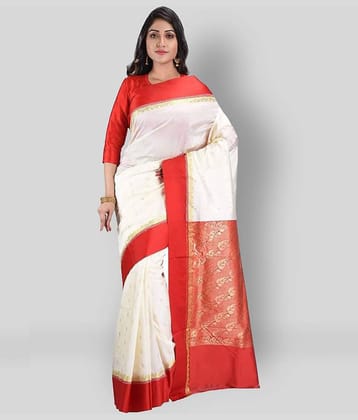 Desh Bidesh Art Silk Self Design Saree With Unstitched Blouse Piece ( Red,White )