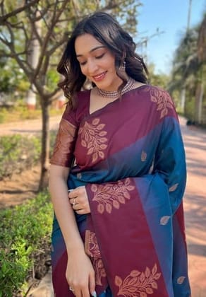Women's Soft Lichi Silk Printed Saree With Unstitched Blouse 5.5Mtr (Blue)-PID63689