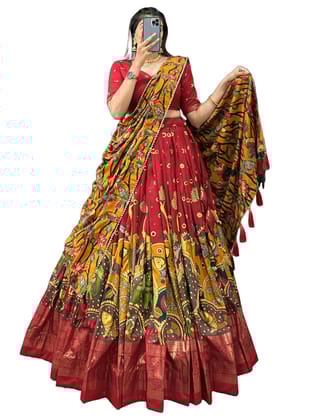 Shringar House Traditional Premium Floral Print & Foil Work Lehenga Choli Set for Wedding, Ethnic Wear with Embroidered Gota Patti Border Lehenga Choli Dupatta Set with Unstitched Blouse (Red)