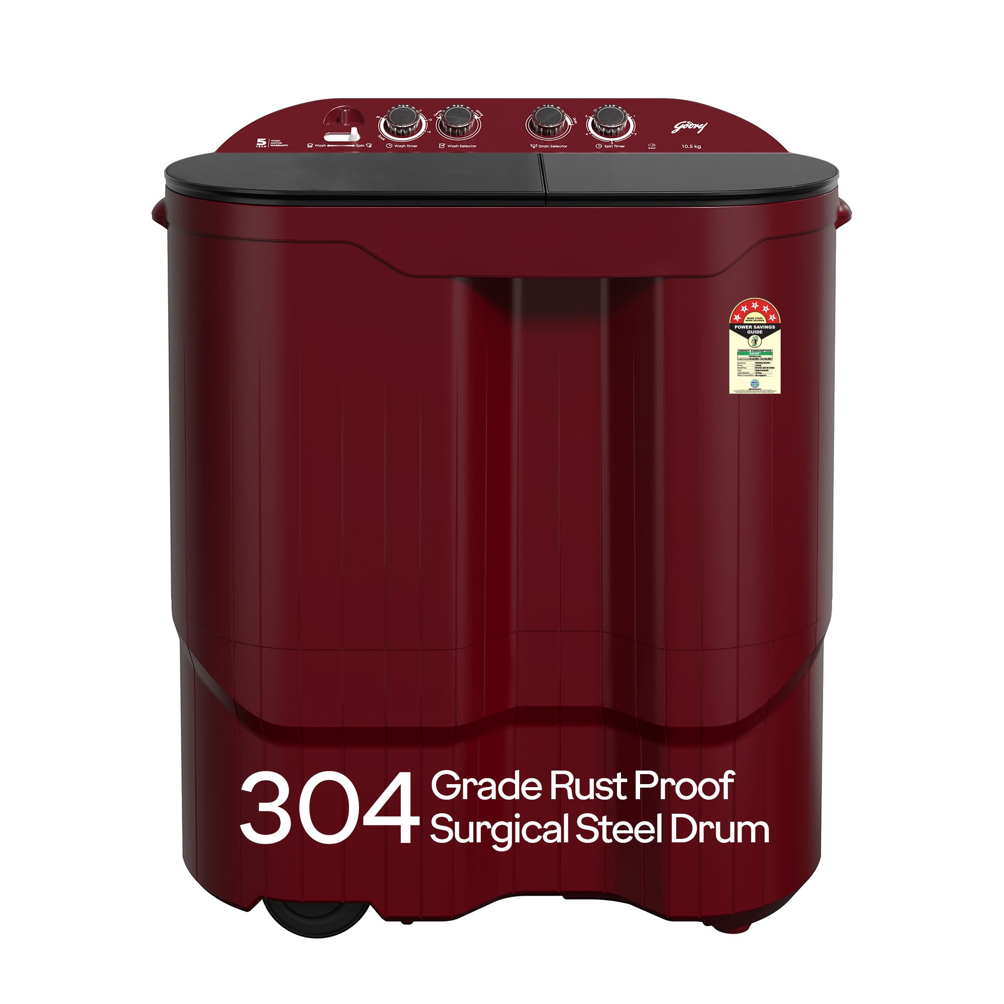 Godrej 10.5 Kg 5 Star Semi-Automatic Top Load Washing Machine With Toughened Glass Lid(WSEDGE JAZZ 105 5.0 DB3 M CSRD, Stainless Steel Drum, Drying at 1440 RPM Speed, Crystal Red)