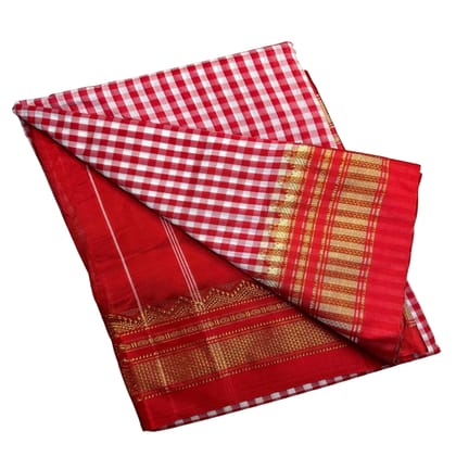 Karnataka Traditional Red Checked Saree with Golden Border - Lightweight Fabric - Includes Matching Blouse Piece - Ideal for Weddings and Cultural Events
