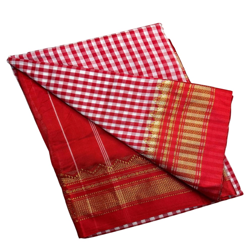 Karnataka Traditional Red Checked Saree with Golden Border - Lightweight Fabric - Includes Matching Blouse Piece - Ideal for Weddings and Cultural Events