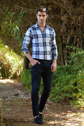 Cracker - Indigo Checkered Shirt - Grey-S-38 / GREY