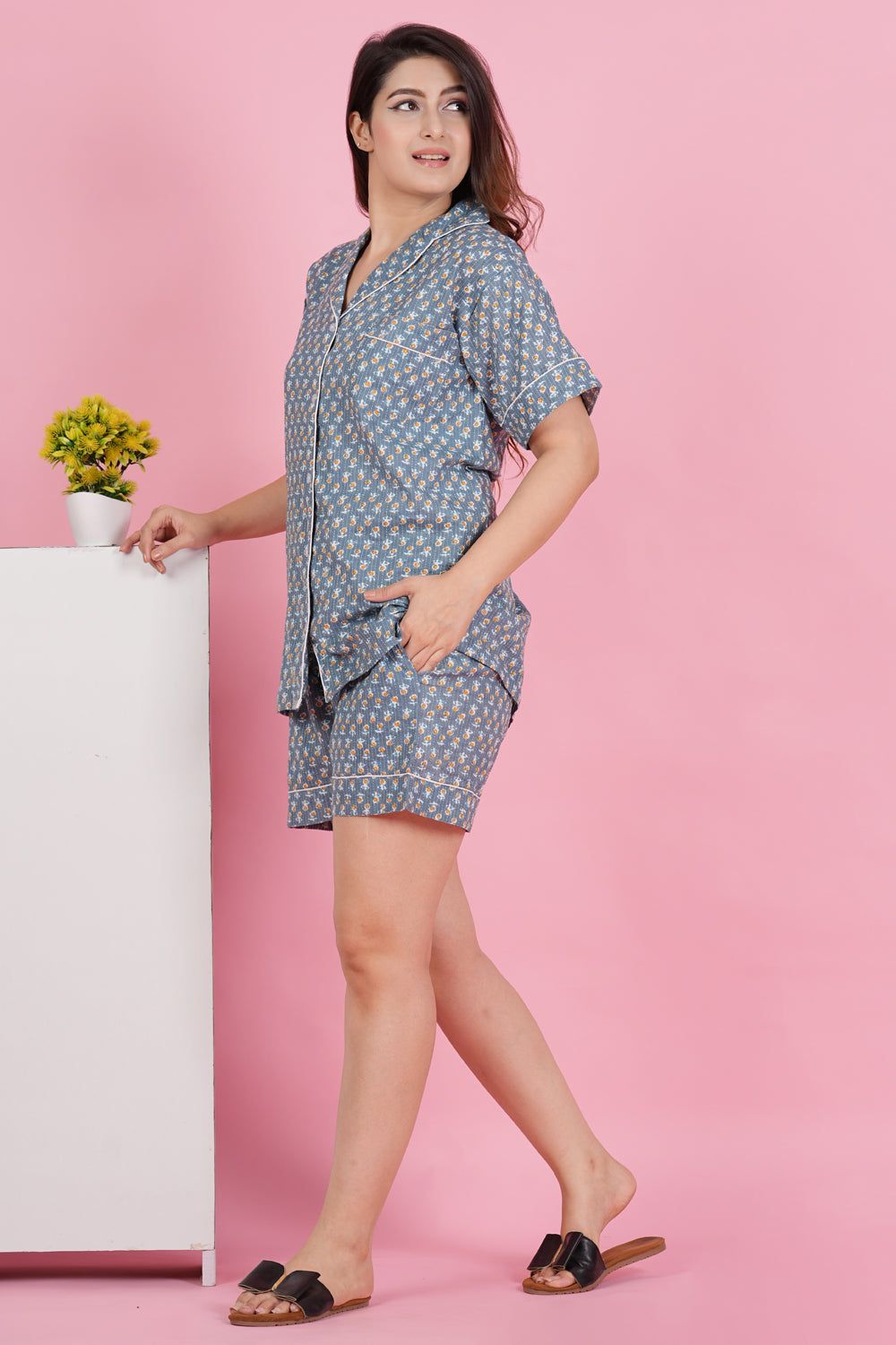 Gorgeous Grey Flower Pattern Print Katha Thread Work Half Sleeve Shorts Set-S / Grey / 100% Cotton