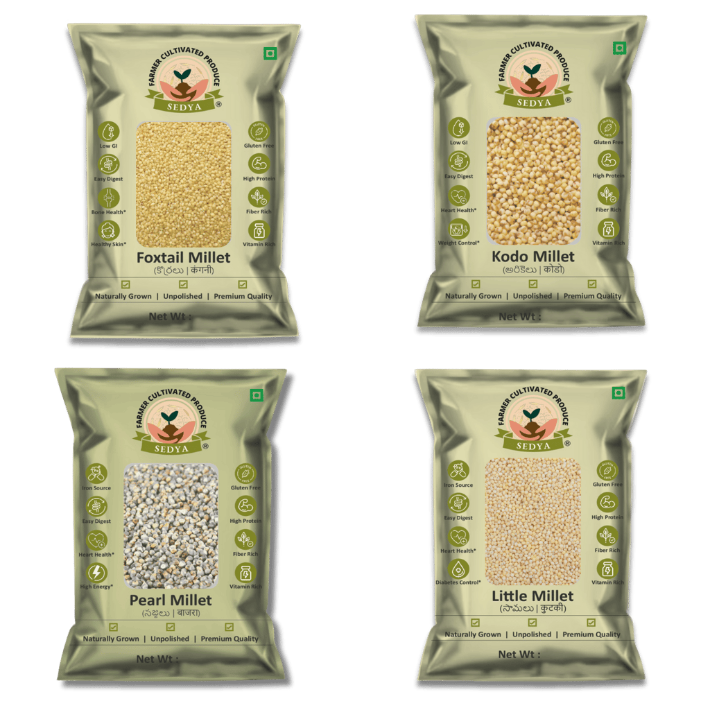 Sedya Four Millet Combo Whole Grains | Foxtail, Kodo, Pearl & Little Millet | Certified Low GI | Korralu / Varagu / Sajje / Samai | Gluten Free | Unpolished, Toasted, No Soaking Required | High Plant Protein & Fibre | Total 2 Kg (500 g Each Pack)