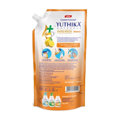 Yuthika Liquid Hand Wash Refill Pack 750ml Lemon Handwash, Complete Germ Protection Handwash with a pH Balanced Formula