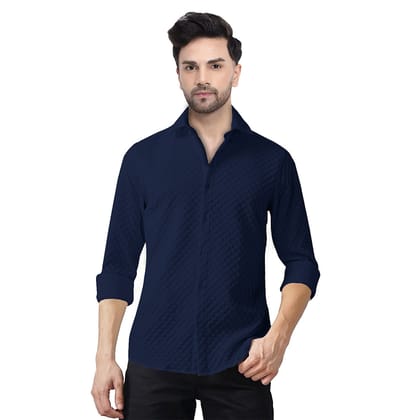 Man's Casual Checks Textured Popcorn Shirts- Navy Blue-S