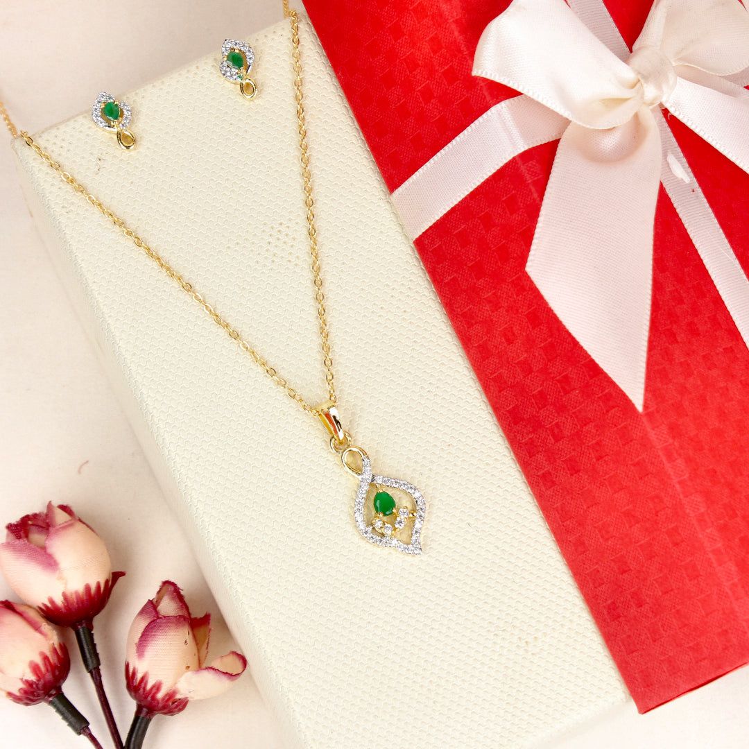 Exquisite Stylish Floral Two Tone Green Stone Pendant Set - SIA446797_A
