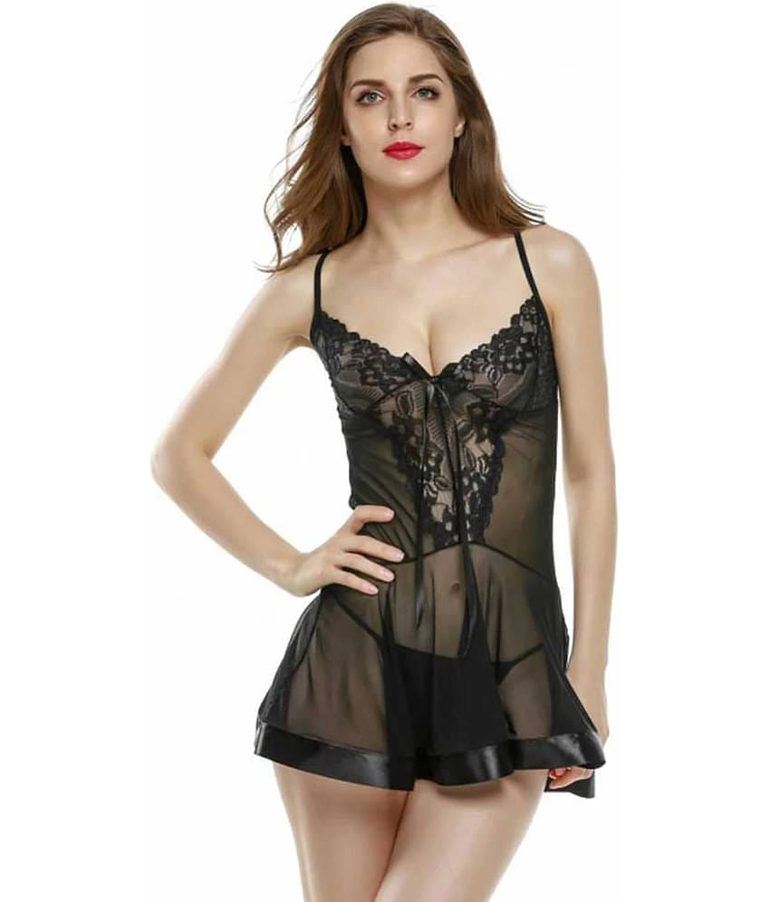 Celosia Net Baby Doll Dresses With Panty - Black