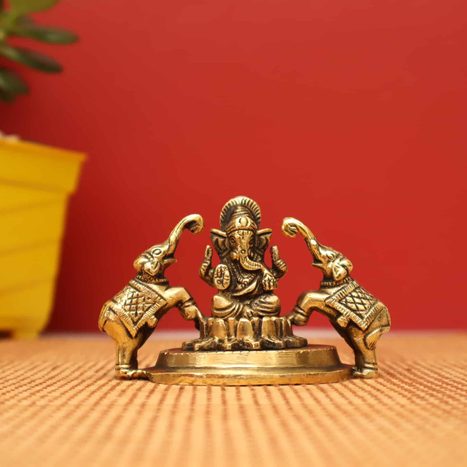 Brass Divine Gaja Ganesha Idol / Lord Ganesha with Elephants - 2.5 inch Height