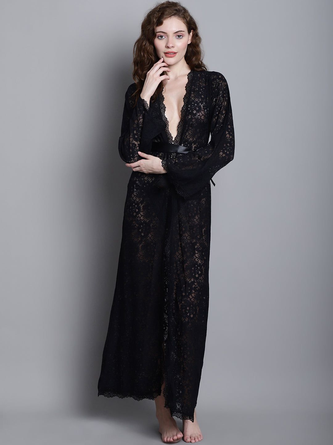 Fully Intricate Lacy Robe -  Black-M / Black