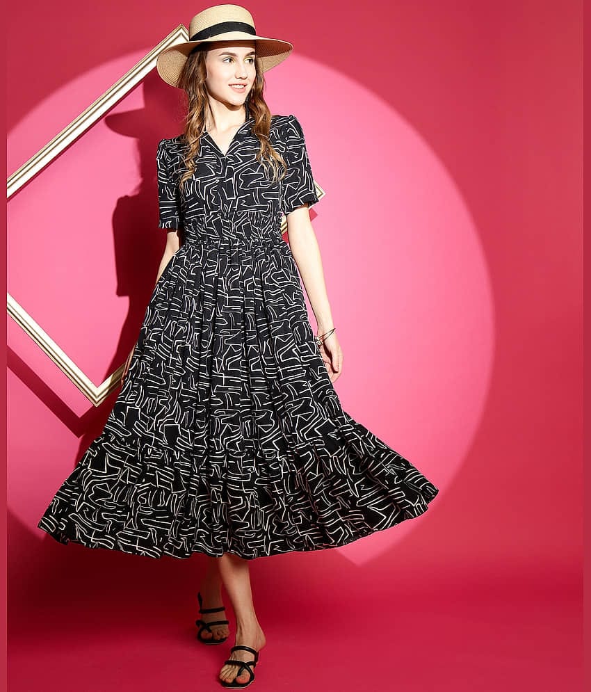 Sheetal associates Women Crepe Printed Fit & Flare Dress ( Black )