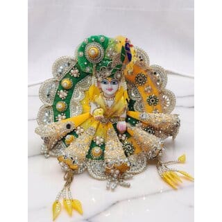 Designer Laddu Gopal Poshak with Peacock Feather Mukut | Green Yellow Bal Gopal Heavy Dress