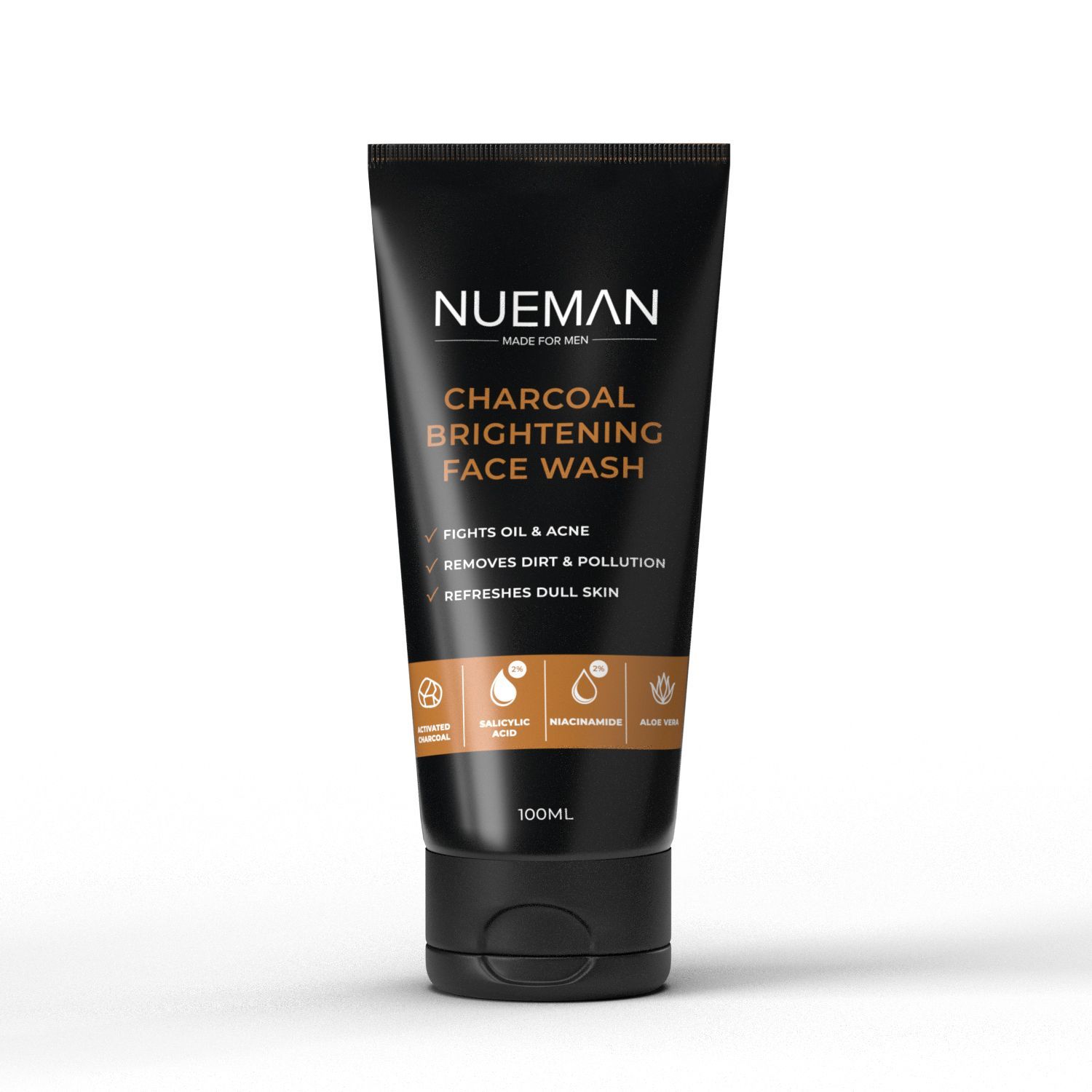 NUEMAN Charcoal Brightening Face Wash | For Men | All Skin Types | With Salicylic Acid, Niacinamide, Aloe Vera & Neem | Fights Acne, Oil, Dullness | Dermatologically Tested