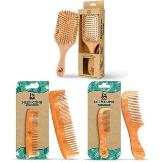IMECO Neem Wood Combs (Dual Tooth Wide Tooth) Bamboo Paddle Hair Brush Combo (Pack of 3)