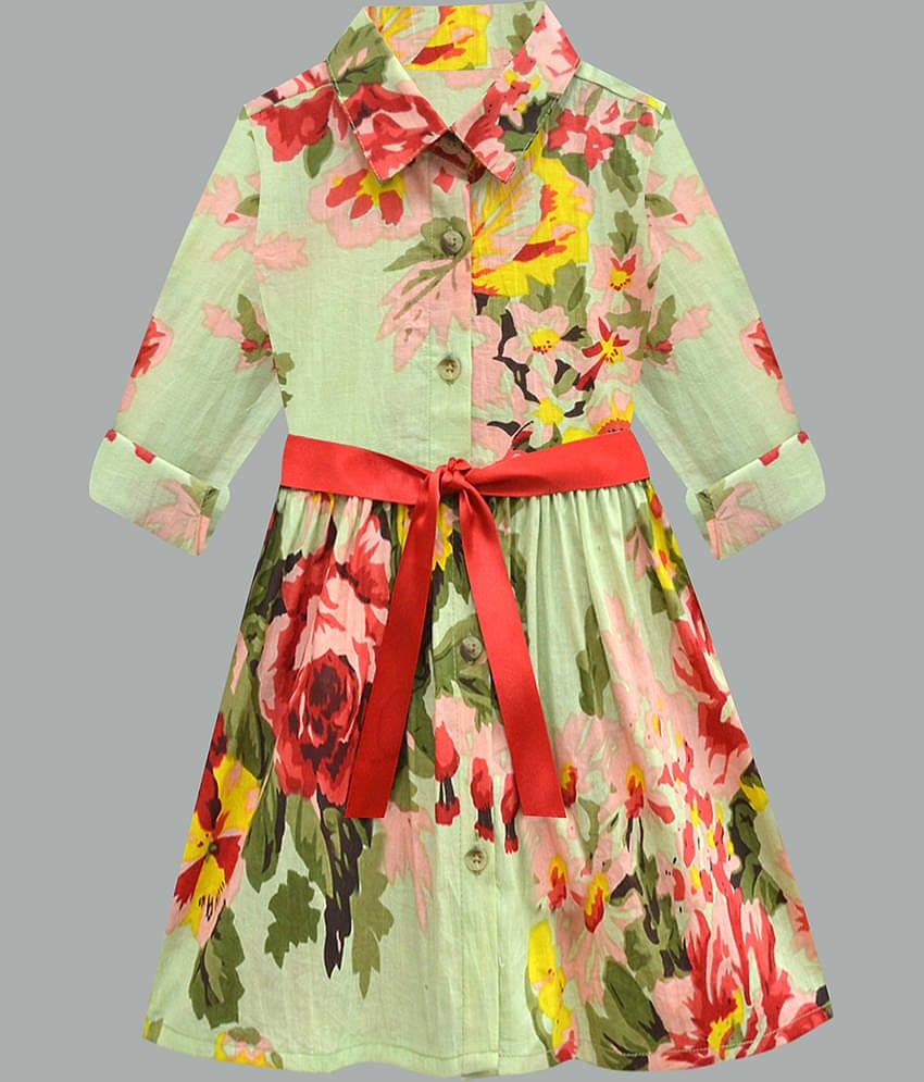 A.T.U.N. Cotton Shirt Dress For Girls ( Pack of 1 , Green )