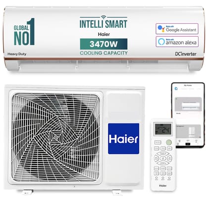 Haier 1 Ton 4 Star Smart Split AC (3470W, Copper, Wi-Fi, 4-Way Swing, 7 in 1 Convertible, Anti Bacterial Filter, Cools at 60C Temp, 20 Mtr. Air Throw - HSU13K-PYFR4BN-INV, White)