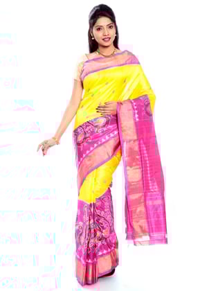Yellow Pochampally Saree With Pink Peacock Border