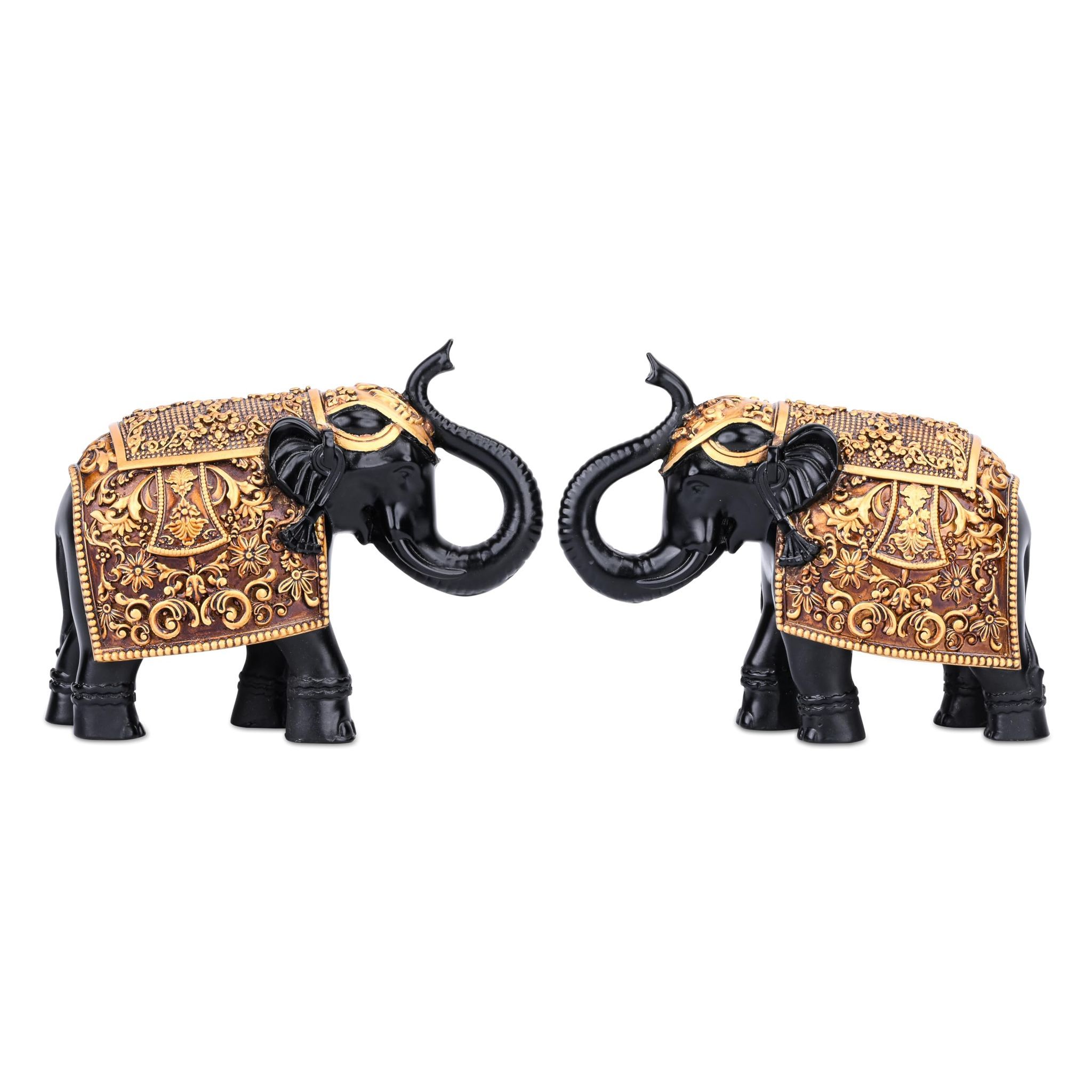 Artarium Black Royal Elephant Family Statue Showpiece with Royal Embellishments Fengshui Vastu Good Luck Decorative Items for Home Decor Living Room Office Decor (Royal Elephant Black Pack of 2)