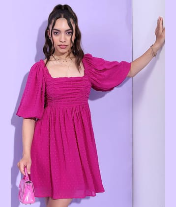 Tokyo Talkies Women Polyester Self Design Fit & Flare Dress ( Pink )