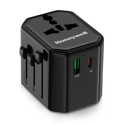 Honeywell New Launch Universal Travel Adapter 12W, 3-in-1 Fast Charging, Universal Socket, TypeC, USBA, Worldwide Wall Charger for EU,US,UK & CN/AUS, Perfect for All Devices-Black