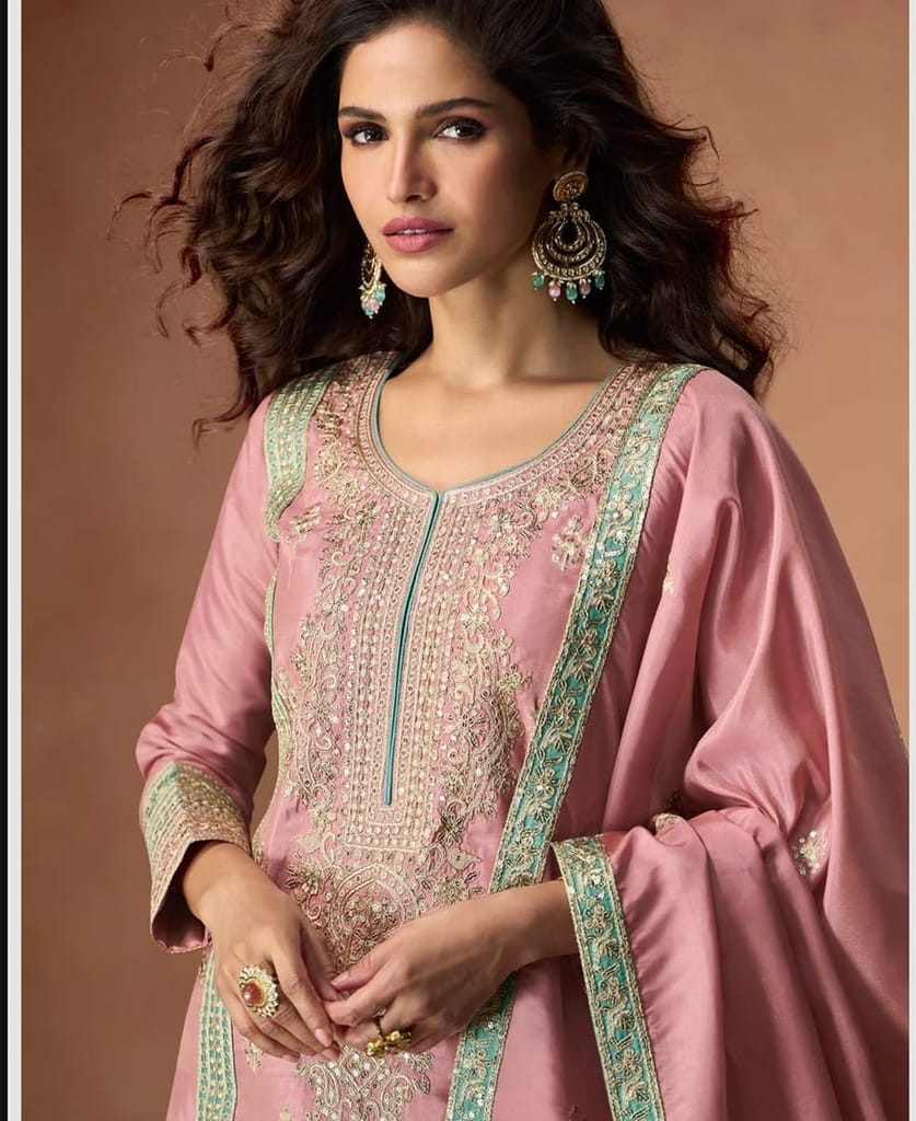 vichitra silk pink heavy embroidered straight suit for women