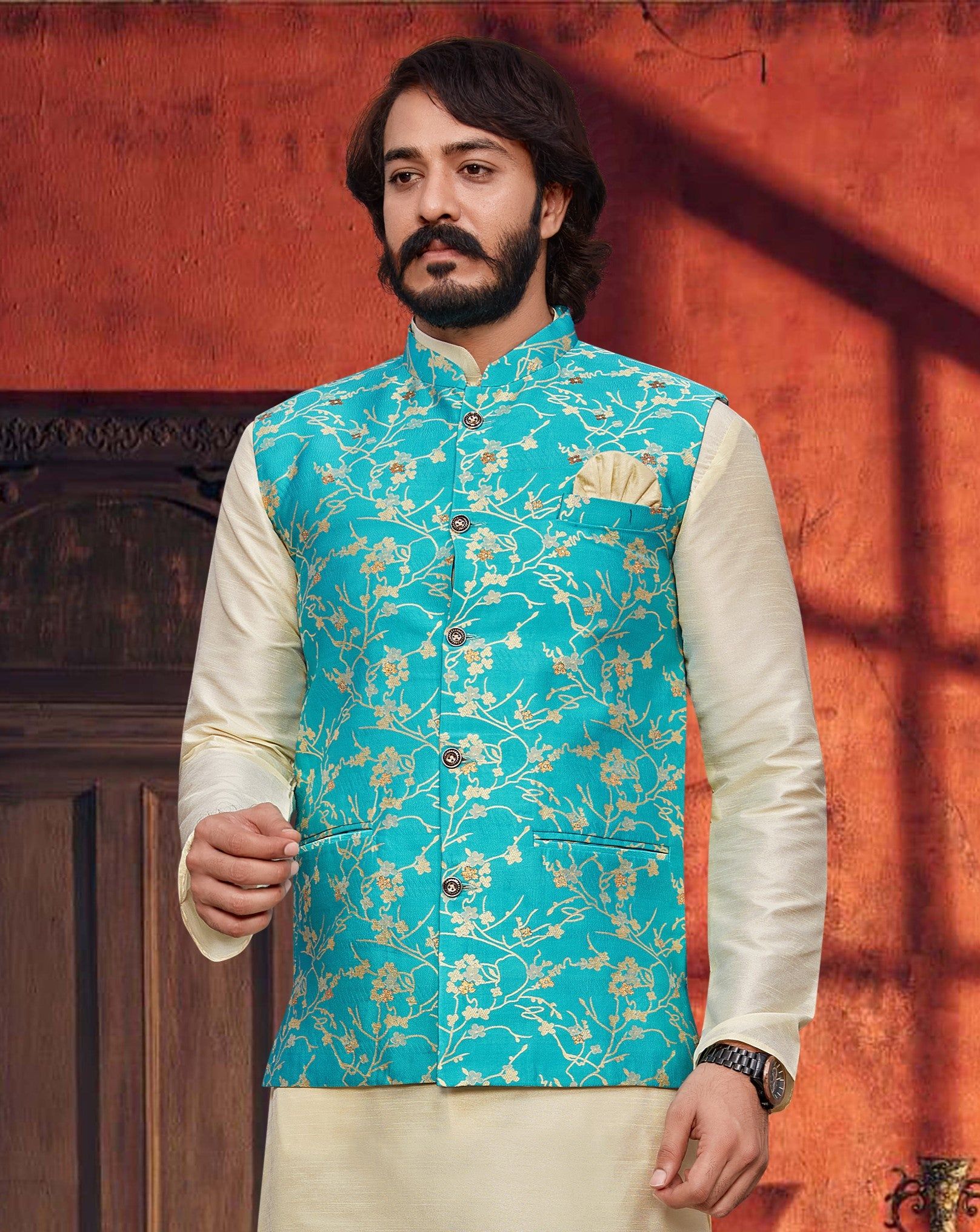 Classic Sky Blue Nehru Jacket with Eye-Catching Self-Design Jacquard-S