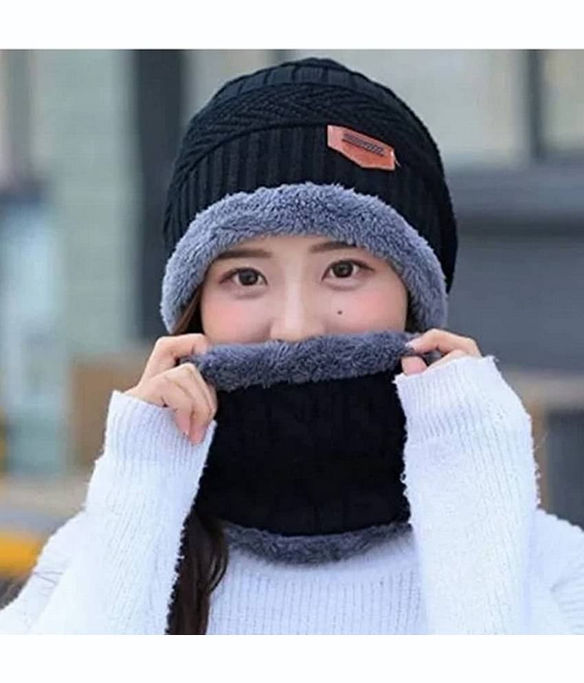 Infispace Black Woollen Women's Cap ( Pack of 1 )