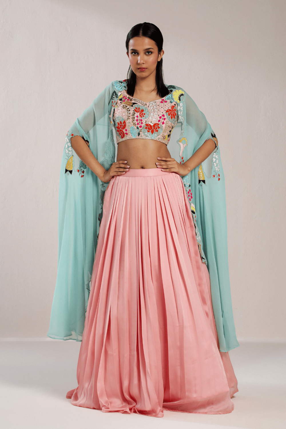 PINK PLEATED LEHENGA WITH CAPE-XS