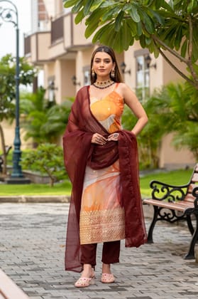 Multi Color Sequined Embroidered Work Kurta With Trousers & Dupatta-XS
