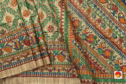 Beige Pure Tussar Silk Saree With Madhubani Print Light Weight Handwoven For Office Wear PT 735