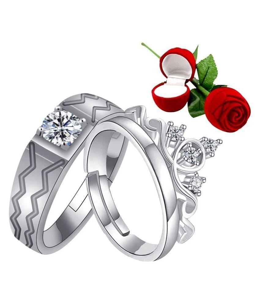 Silver Plated Adjustable Couple Rings Set for lovers Ring with 1 Piece Red Rose Gift Box  for Men and Women - None