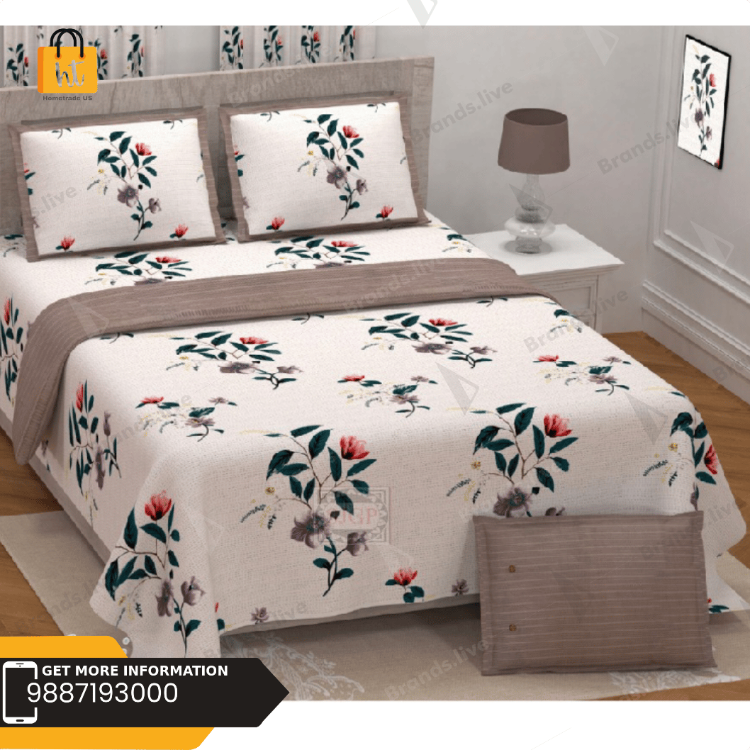 3001-Hometrade India-Standard King Size (90*108 Inches)-Pure Cotton Jaipuri Double Bedsheet With Matching Pillow Cover