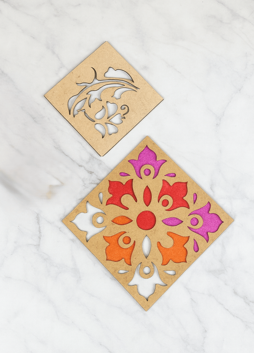 The Mohraj DIY Floral Rangoli Kit with 2 Stencils and 3 Vibrant Colors