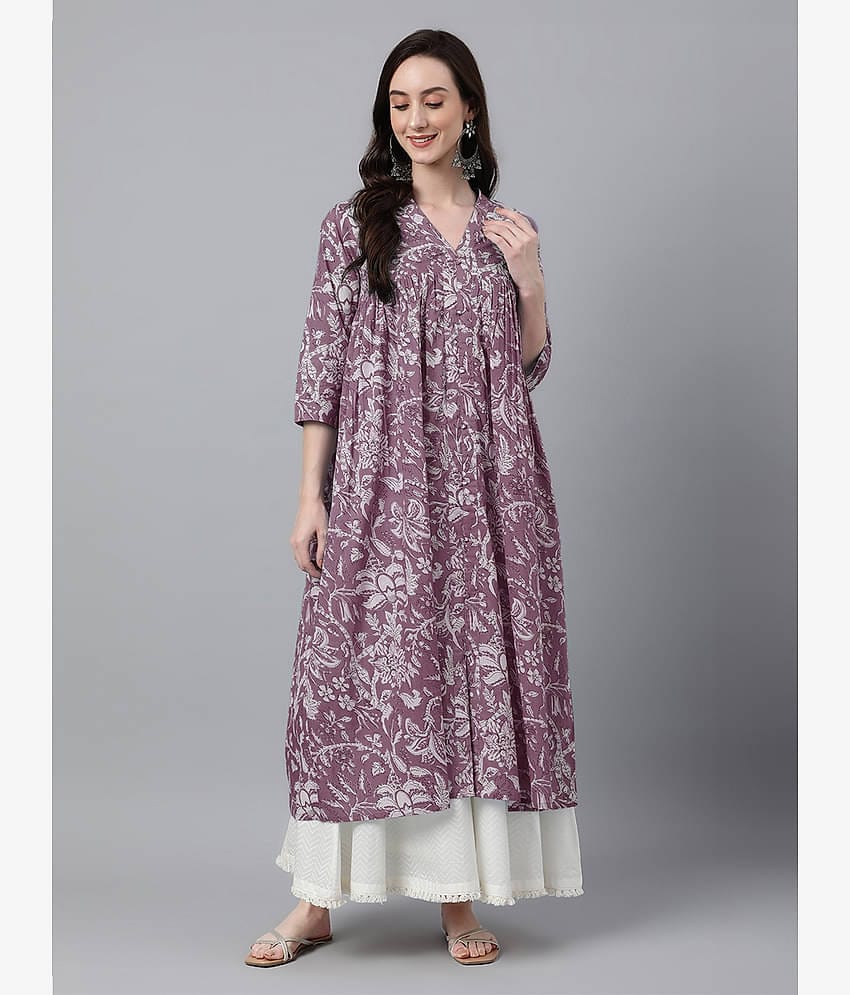 Janasya Pack of 1 Cotton Printed Flared Women's Kurti - ( Purple )