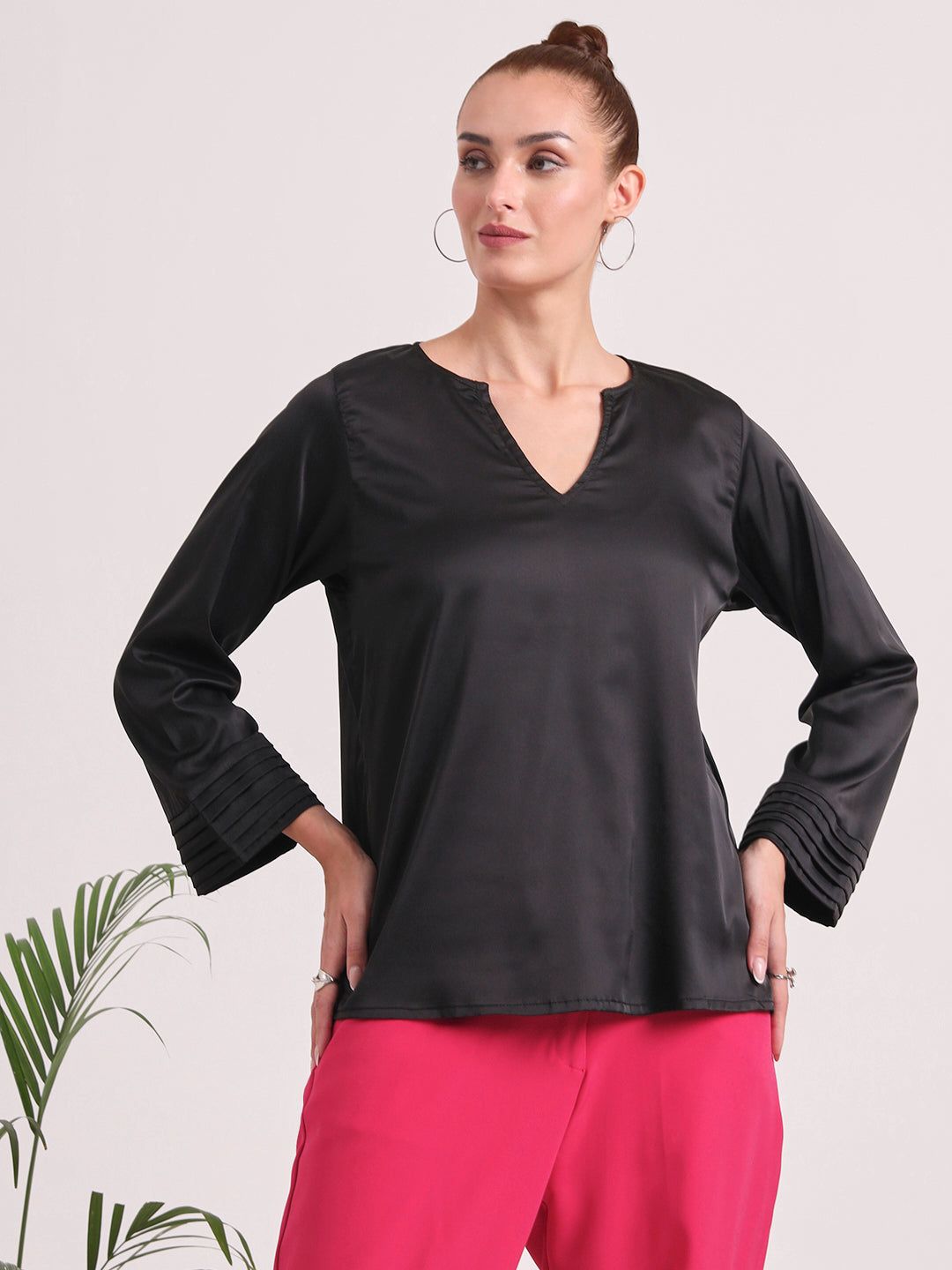 Women's European Satin V Neck Long Sleeve Top-M