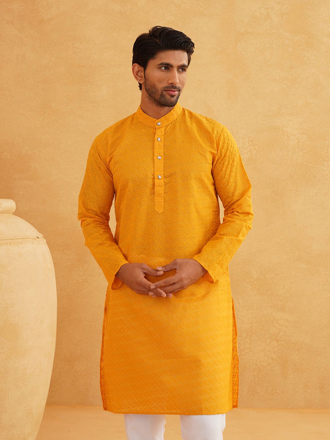 Sojanya Ethnic Motifs Embroidered Thread Work Pure Cotton Mustard Straight Only Kurta-38