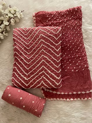 Cotton Satin Authentic Hand Crafted Kutch Bandhani Dress Material (Unstitched)-Pastel Pink