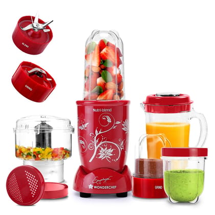 Wonderchef Nutri-blend Juicer, Mixer, Grinder & Chopper|500W 100% Full Copper Motor|Complete Kitchen Machine|4 Unbreakable Jars with Chopper| Years Warranty|Recipe Book By Chef Sanjeev Kapoor|Red Wonderchef Nutri-blend Juicer, Mixer, Grinder & Chopper|50