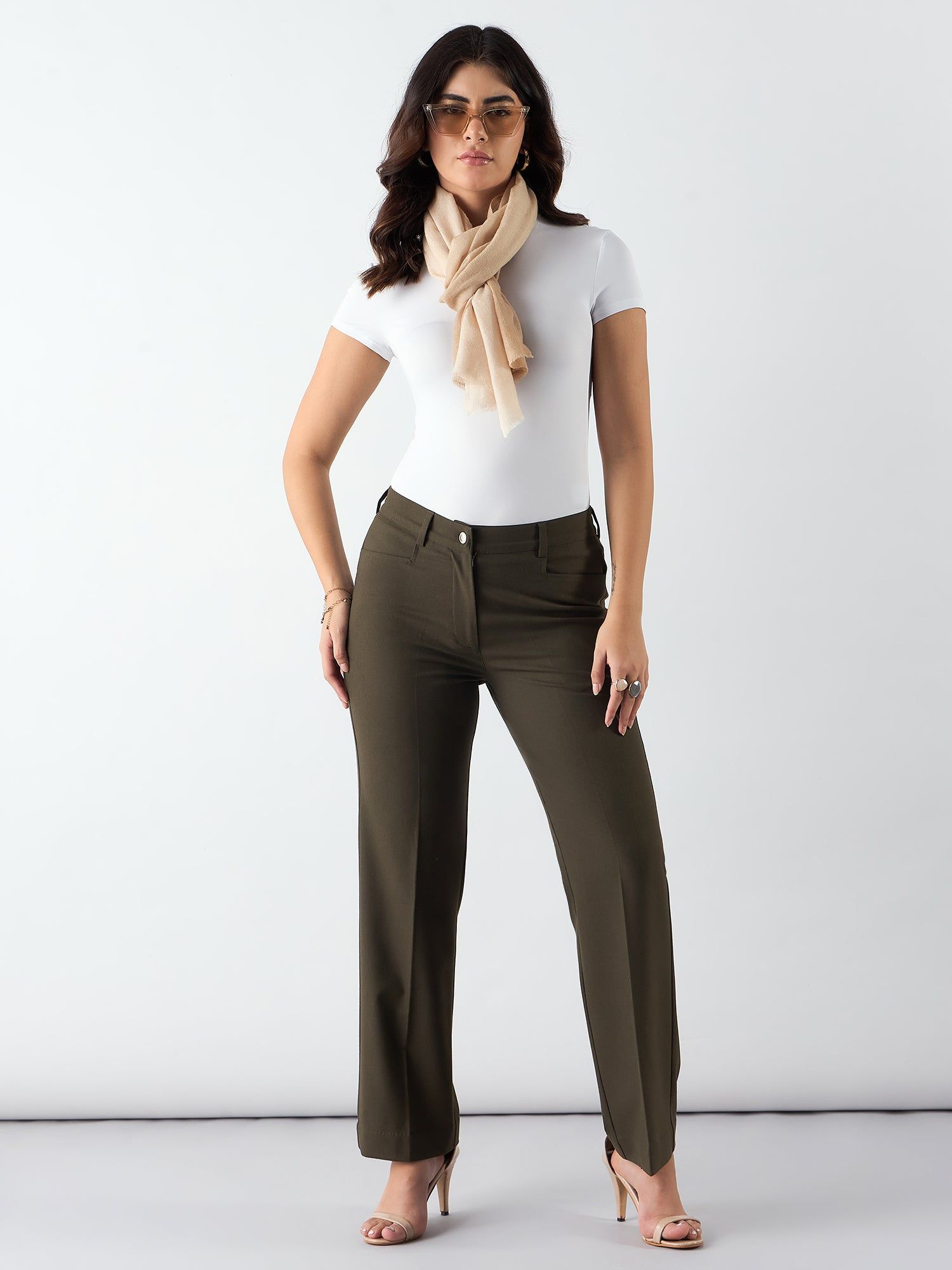 Olive Regular Fit Mid Waist Trouser In 4-Way Stretch Fabric-S
