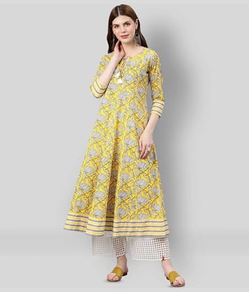 Yash Gallery Pack of 1 Cotton Printed Flared Women's Kurti - ( Yellow )