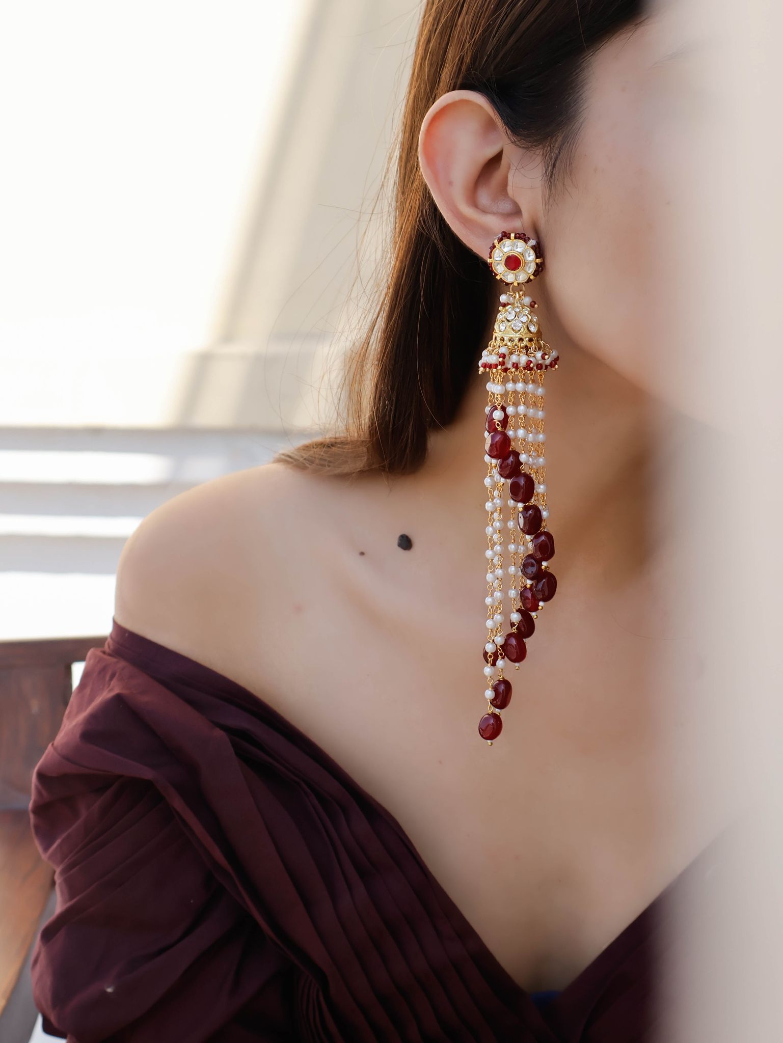 Zubra Red Kundan Jhumka Earrings-Red