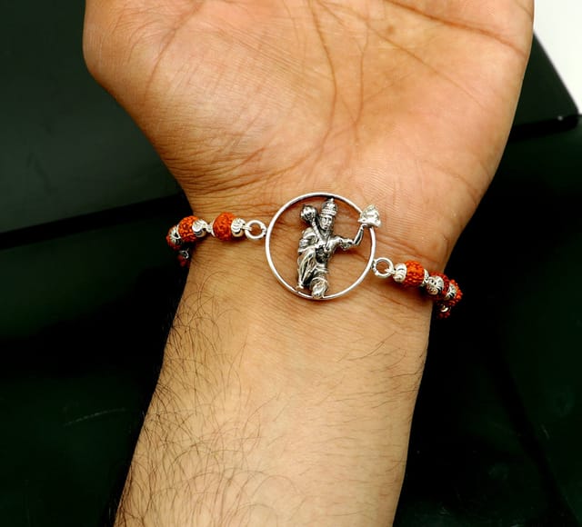 925 Sterling silver customized rudraksha beaded Lord Hanuman Rakhi bracelet. best gift for your brother's of special Rakshabandhan rk006-7.5