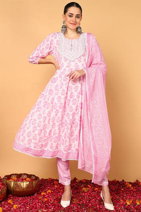Pink Viscose Rayon Ethnic Motifs Printed Flared Kurta Trouser With Dupatta VKSKD2139