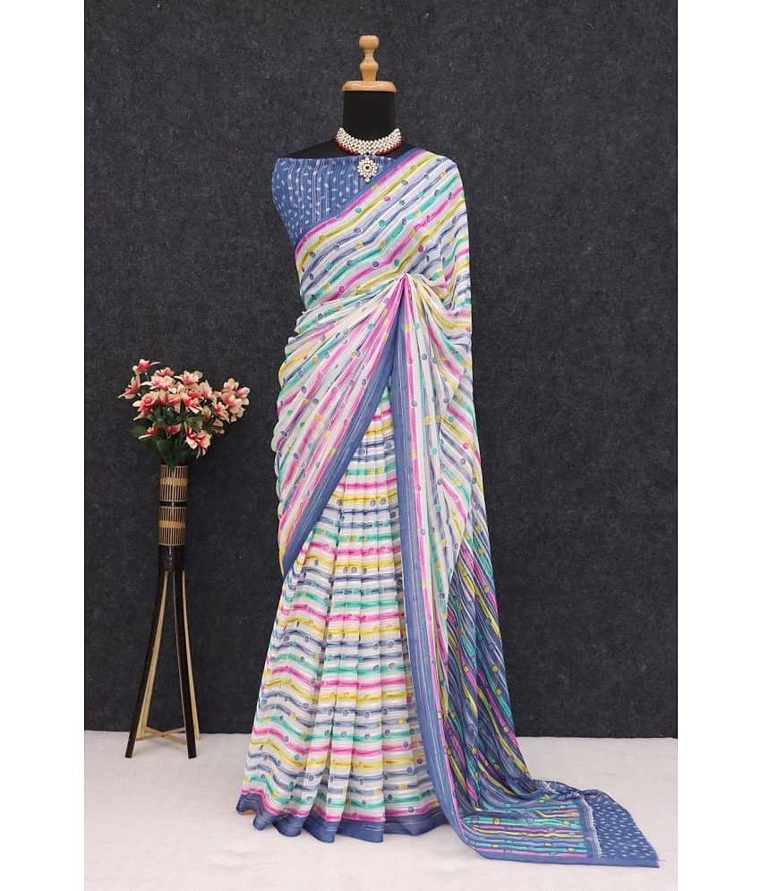 Gullak Georgette Printed Saree With Unstitched Blouse Piece ( White )