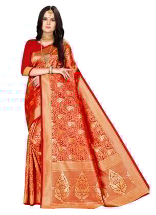 Generic Women's Banarasi Silk Saree with Blouse (Red, 5-6 Mtr)