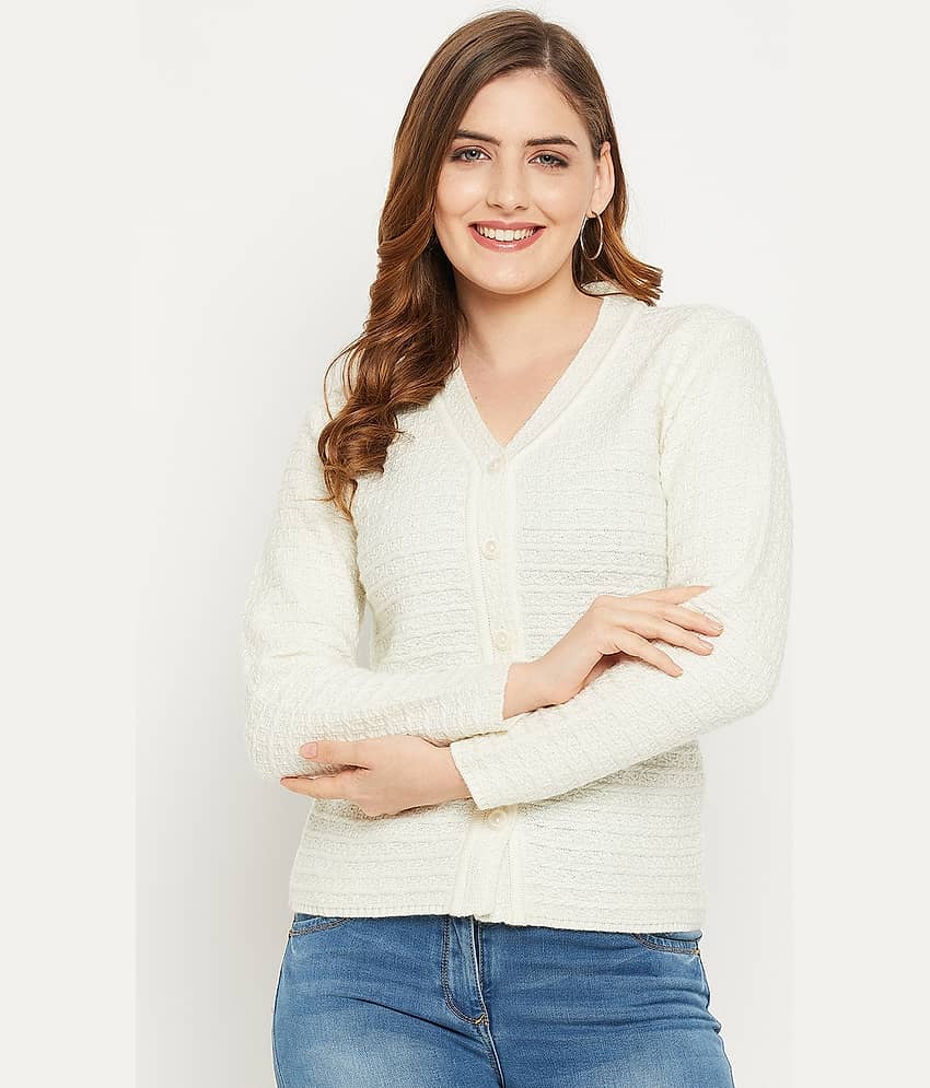 zigo Women Woollen V-Neck Cardigan ( White )