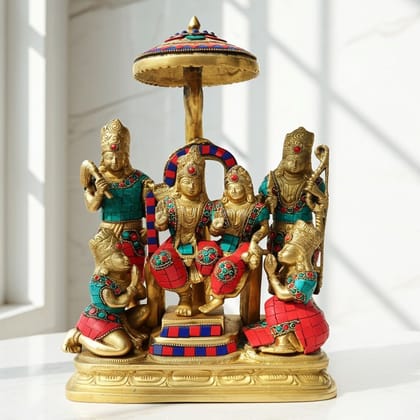 Brass Ram Darbar Stone Finish Idol | Premium Ram Parivar God Murti, Height : 14 Inch (BSMAS330)